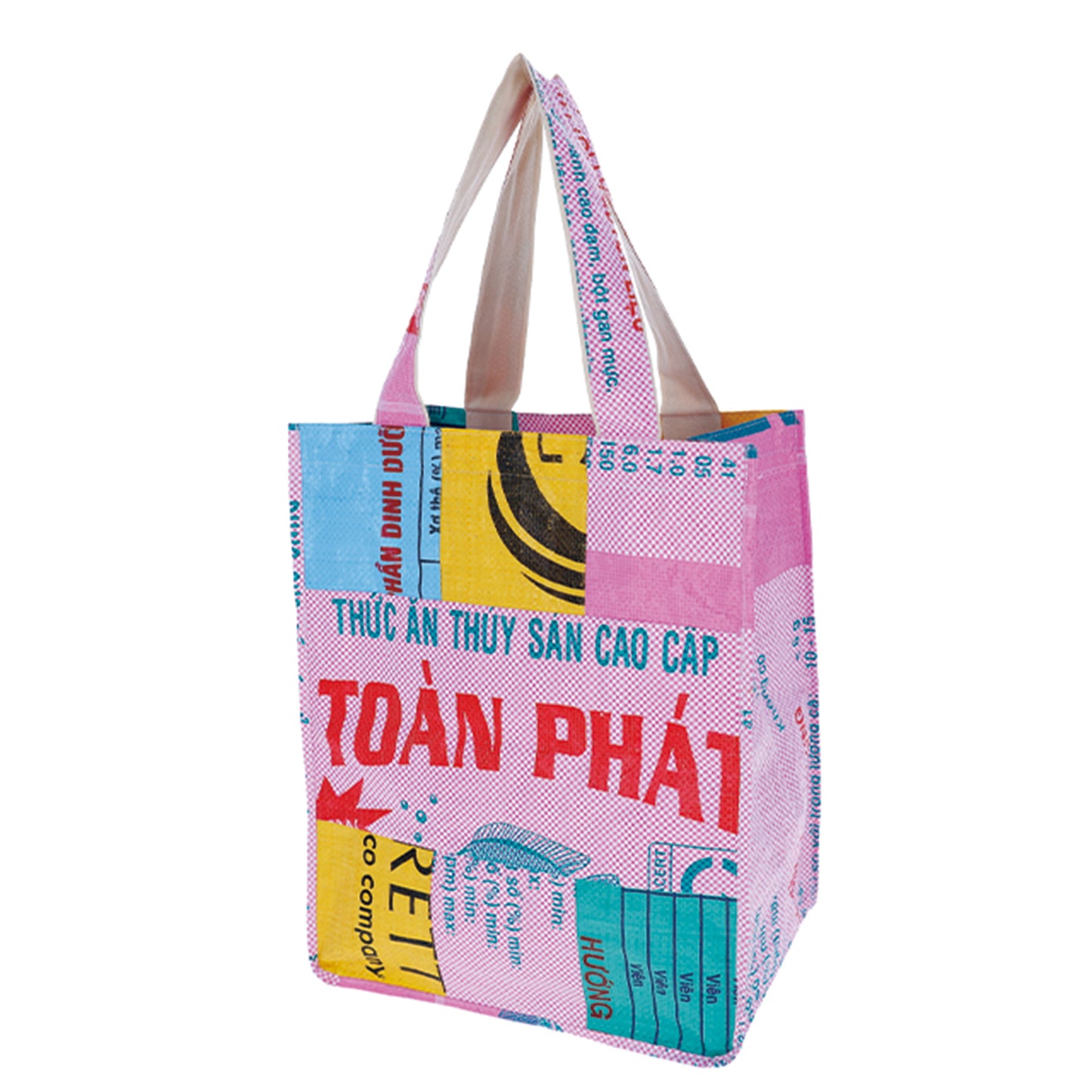 Sac fourre-tout vertical réutilisable en patchwork de produits divers recyclés au Cambodge