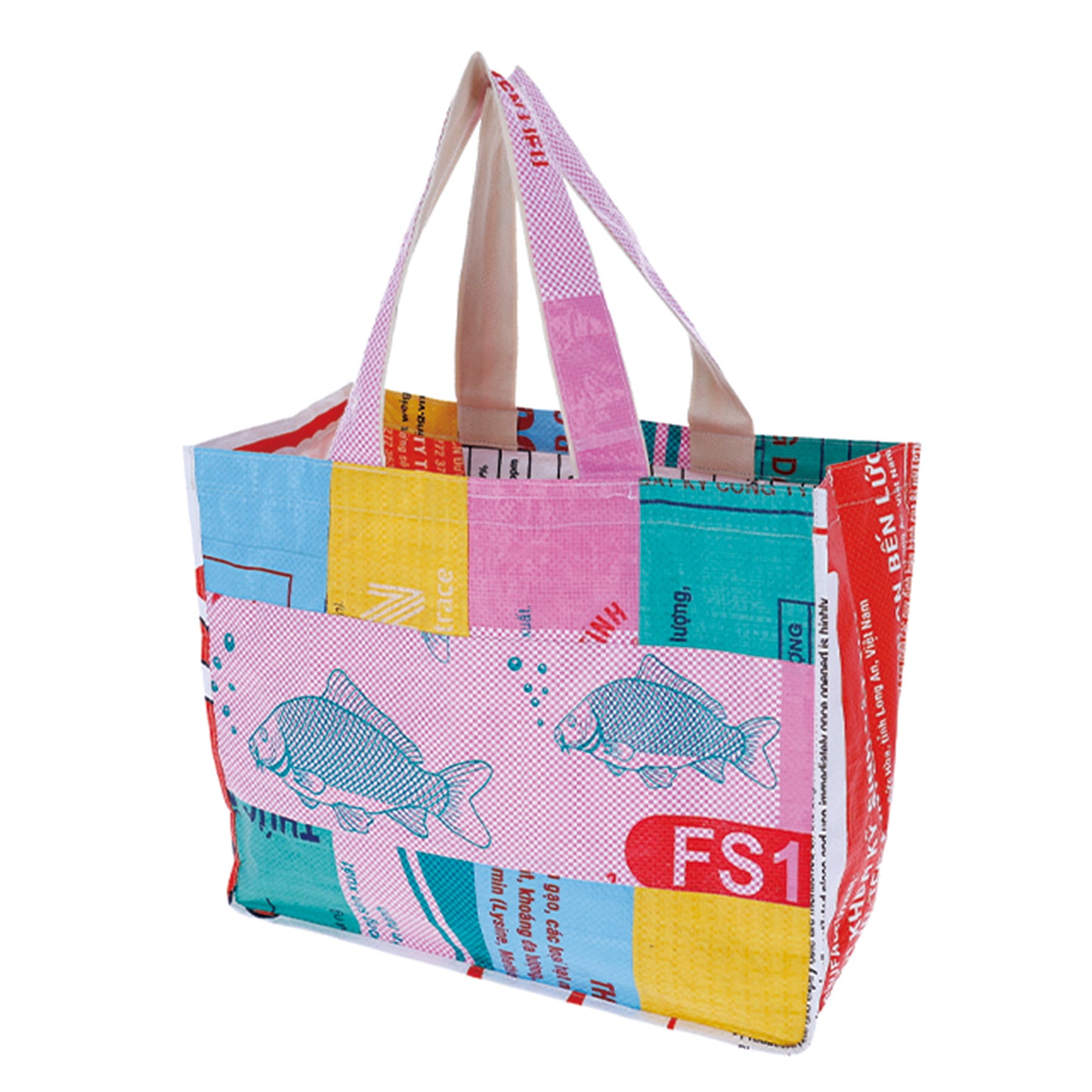 Kambodscha recycelte verschiedene Waren Fischfutter Patchwork Wiederverwendung Horizontale Tragetasche
